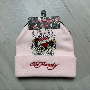 NWT 2-Pack Ed Hardy Light Pink Beanie with Heart Design Black Beanie Tiger